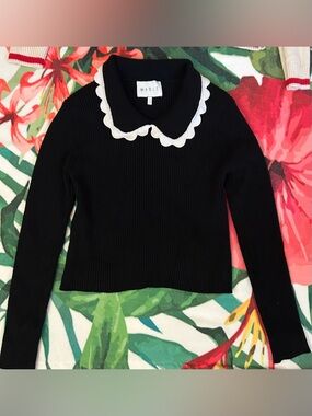 Mable Black Ribbed Sweater with White Scalloped Collar